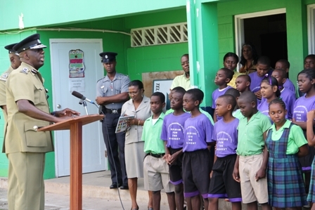 Commissioner of Police in the Royal St. Christopher and Nevis Police Force Celvin G. Walwyn addressing Grade 5 and 6 students at the Joycelyn Liburd Primary School in Gingerland. Principal Mrs. Marion Lescott (front left) and other members of her staff were also in attendance